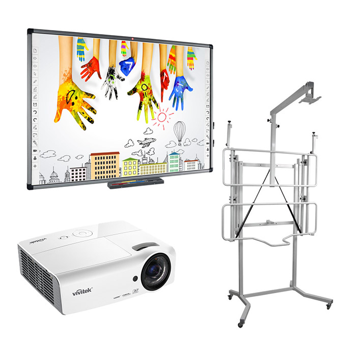 Mobilné komplety so zdvihom (interaktívna tabuľa, projektor, mobilný zdvih, kabeláž) - Interaktívna tabuľa: Avtek TT-Board 90 Pro, Projektor: Vivitek DX335-ST, Mechanizmus/Konzola: Zdvíhací mechanizmus na kolieskach