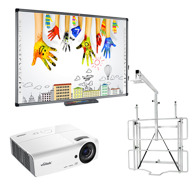 Fixní umístění na zeď se zdvihem (interaktivní tabule, projektor, zvedací mechanismus, kabeláž) - Interaktivní tabule: Avtek TT-Board 90 Pro, Projektor: Vivitek DX335-ST, Mechanismus/Konzola: Zvedací mechanismus na zeď