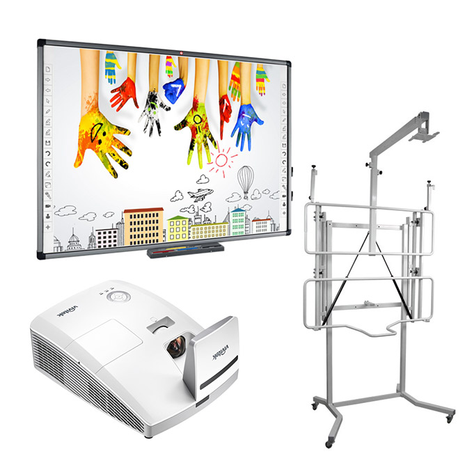 Mobilné komplety so zdvihom (interaktívna tabuľa, projektor, mobilný zdvih, kabeláž) - Interaktívna tabuľa: Avtek TT-Board 90 Pro, Projektor: Vivitek DW770UST, Mechanizmus/Konzola: Zdvíhací mechanizmus na kolieskach