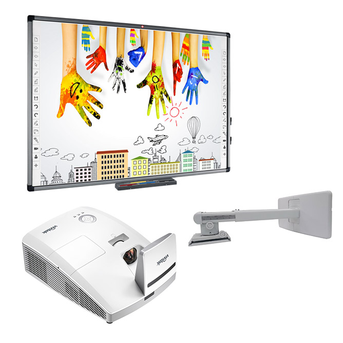 Fixné umiestnenie na stenu (interaktívna tabuľa, projektor, držiak, kabeláž) - Interaktívna tabuľa: Avtek TT-Board 90 Pro, Projektor: Vivitek DW770UST, Držiak na projektor: Ultrakrátky držiak na projektor Vivitek