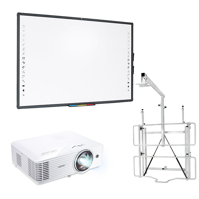 Fixní umístění na zeď se zdvihem (interaktivní tabule, projektor, zvedací mechanismus, kabeláž) - Interaktivní tabule: Avtek TT-Board 80, Projektor: Acer S1286H, Mechanismus/Konzola: Zvedací mechanismus na zeď