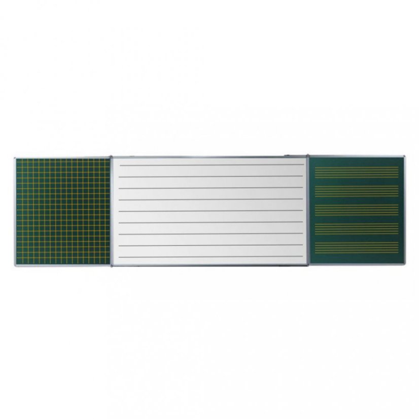 Školní tabule křídlová - Šířka: 360cm, Výška: 120cm, Zvedací mechanismus: Bez zvedacího mechanismu, Způsob popisování: Křídou i fixou, Potisk povrchu (linky, čtverečková síť, notová osnova): Ano (povrchy od 1 do 5 prosíme upřesnit do poznámky níže)
